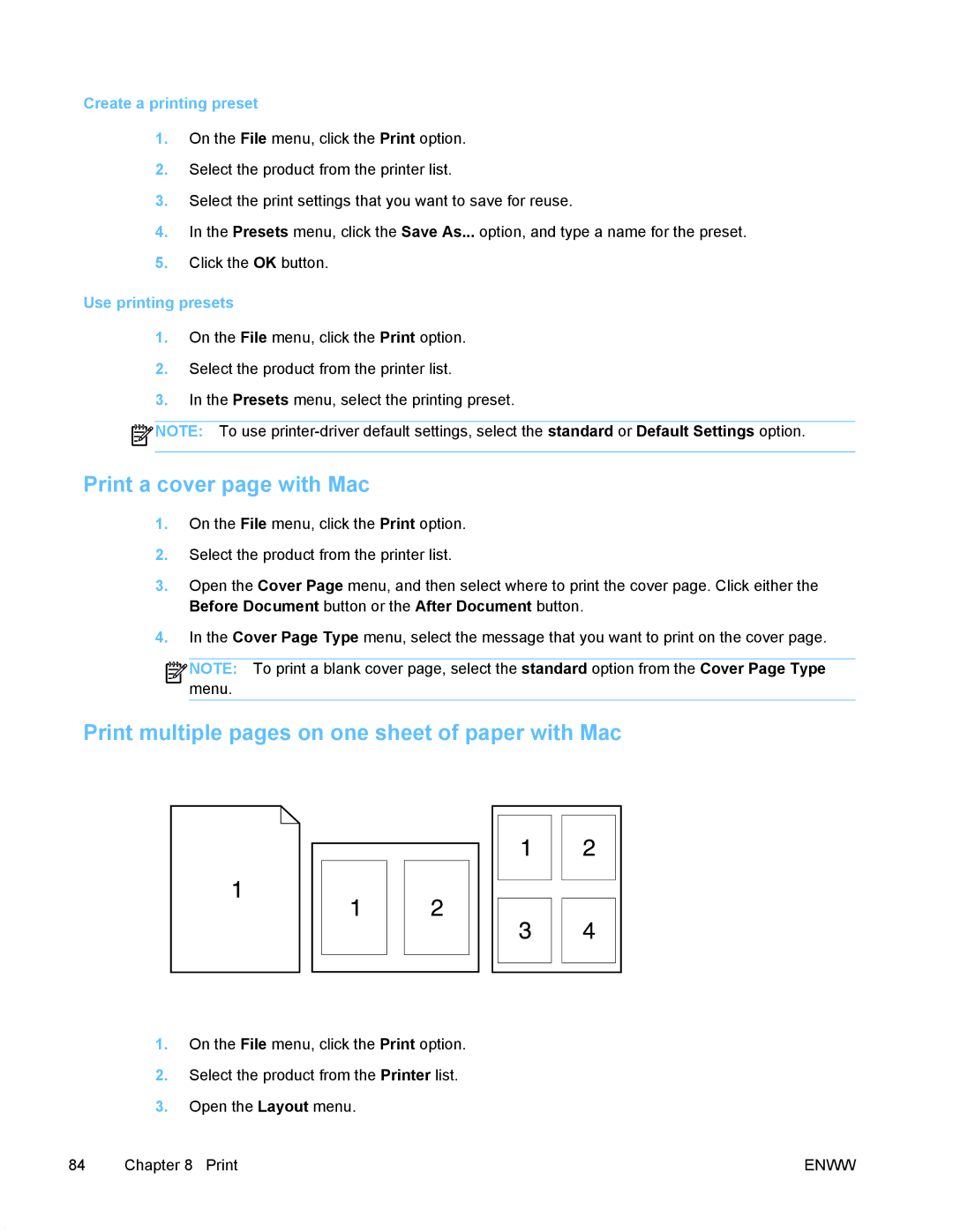 HP PRO X476 MFP Print a cover page with Mac, Print multiple pages on one sheet of paper with Mac, Create a printing preset 