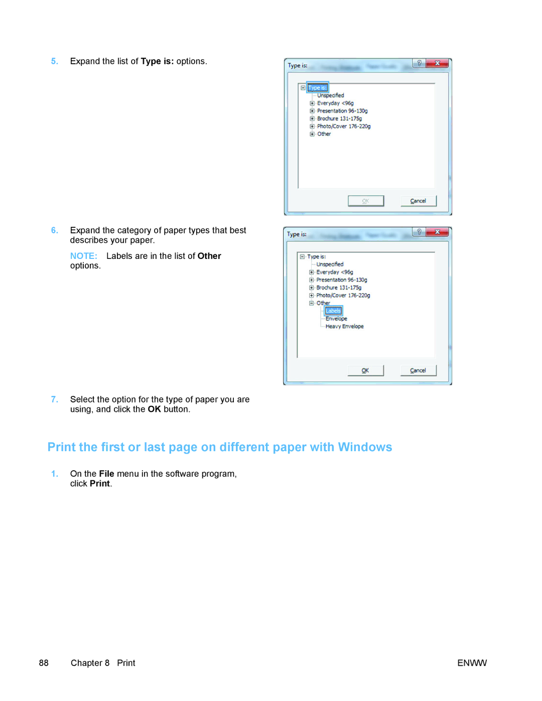 HP PRO X476 MFP manual Print the first or last page on different paper with Windows 