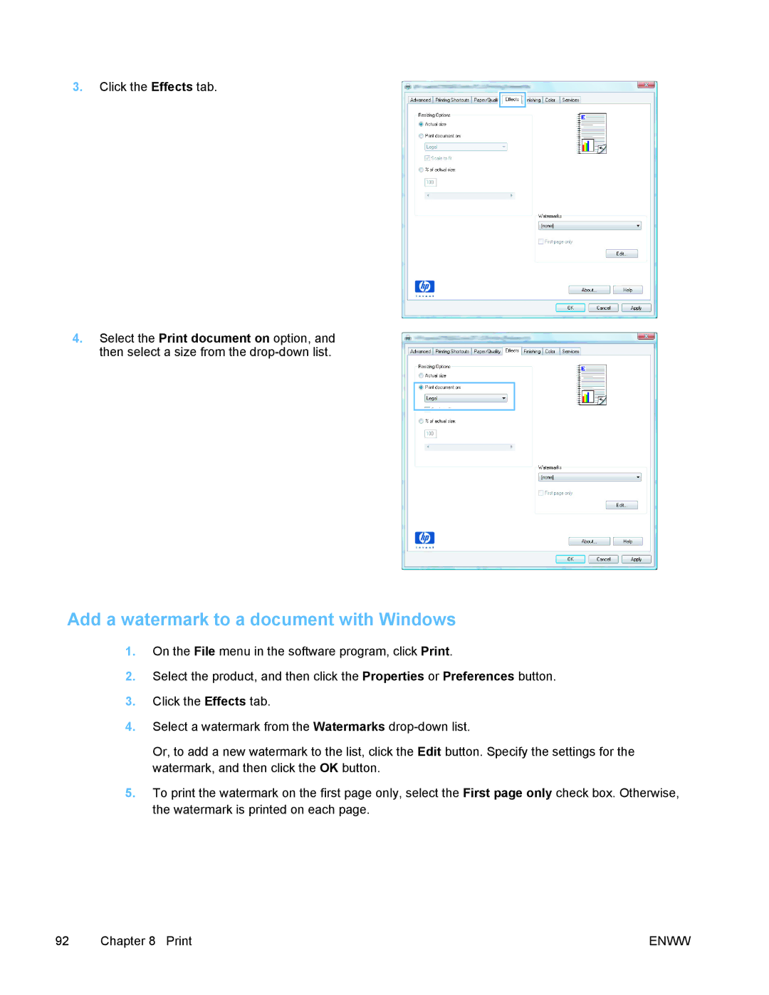 HP PRO X476 MFP manual Add a watermark to a document with Windows 