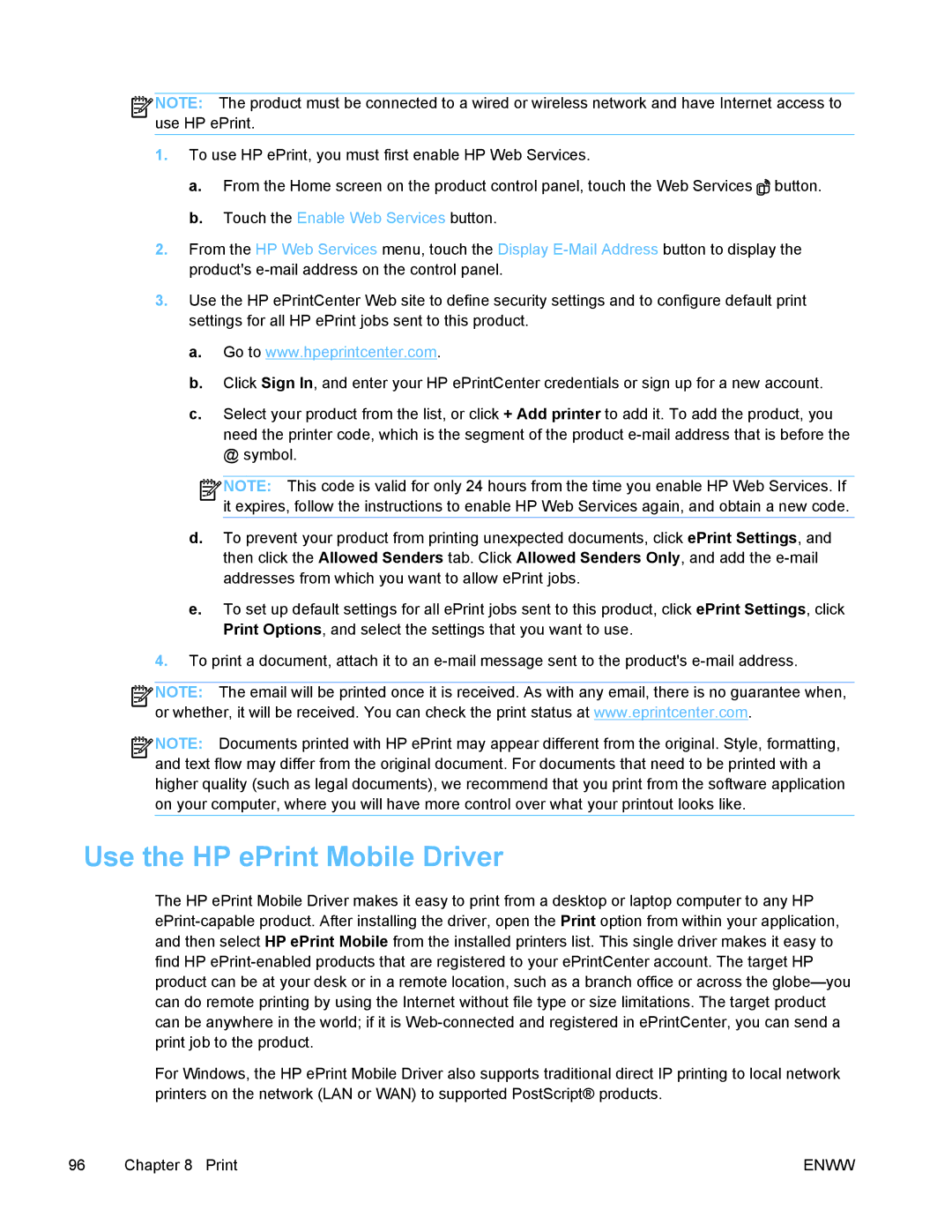 HP PRO X476 MFP manual Use the HP ePrint Mobile Driver, Touch the Enable Web Services button 