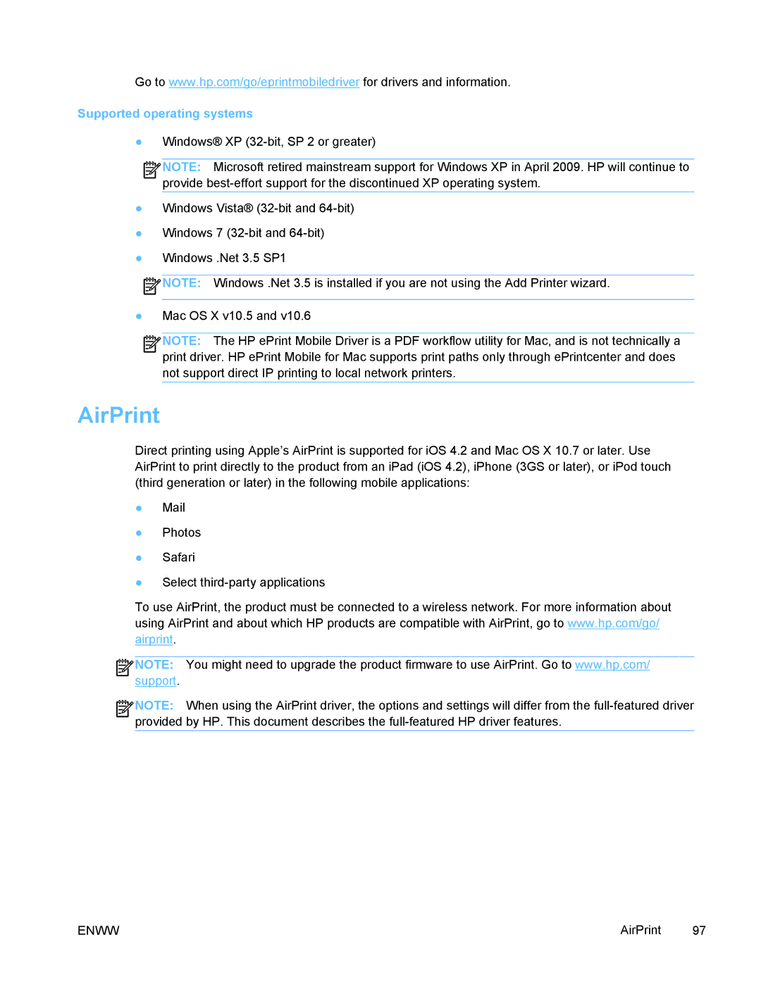 HP PRO X476 MFP manual AirPrint, Supported operating systems 