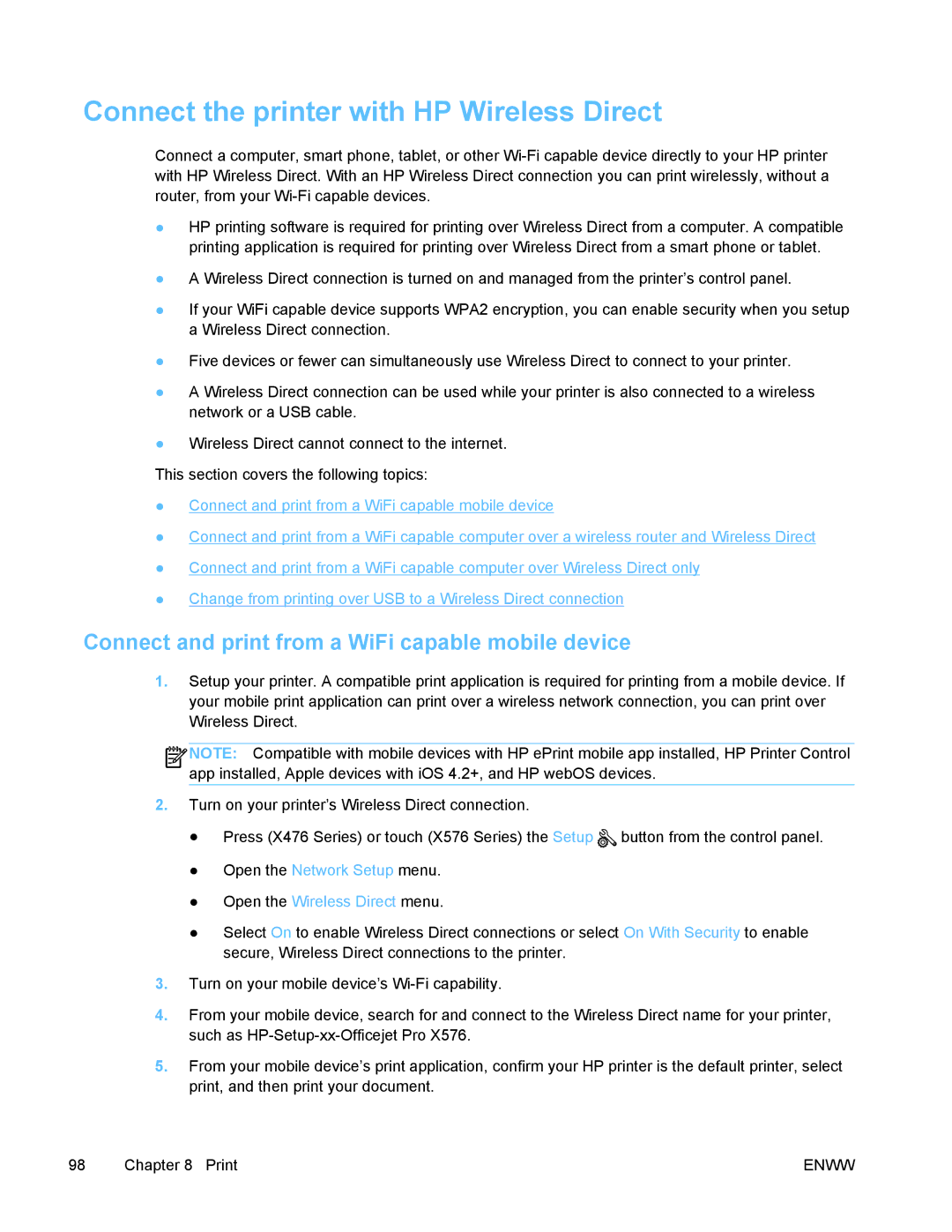 HP PRO X476 MFP manual Connect the printer with HP Wireless Direct, Connect and print from a WiFi capable mobile device 