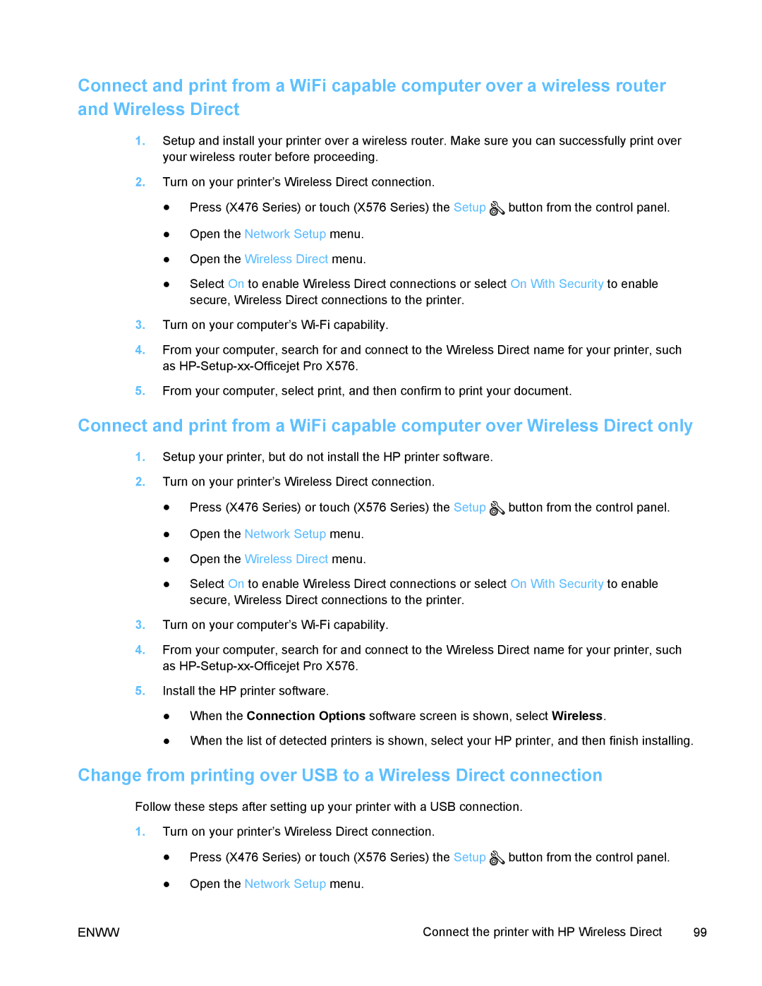 HP PRO X476 MFP manual Connect the printer with HP Wireless Direct 