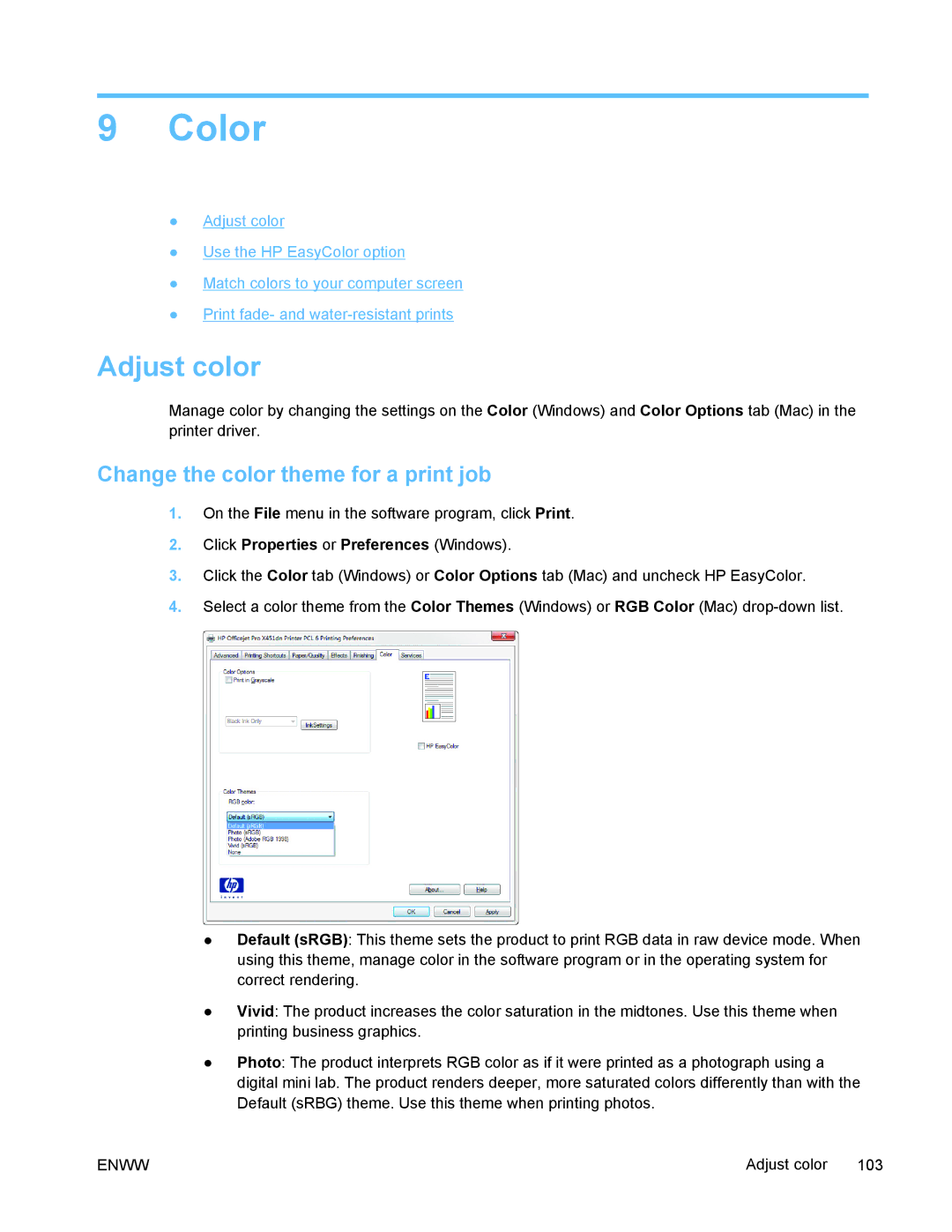 HP PRO X476 MFP manual Color, Adjust color, Change the color theme for a print job 