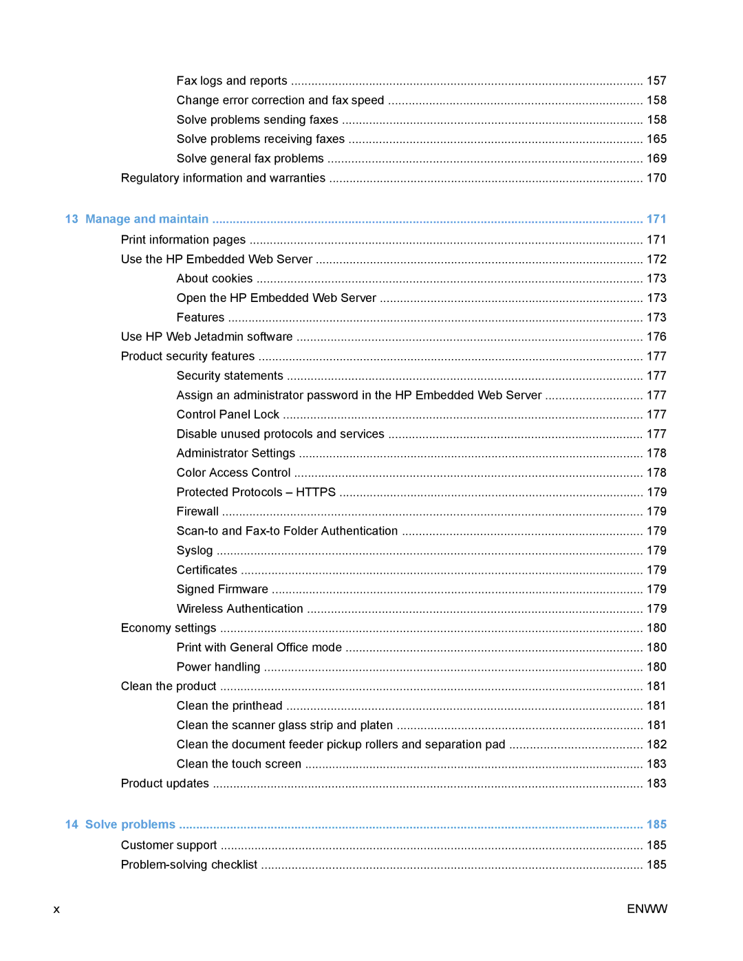 HP PRO X476 MFP manual 171, 185 