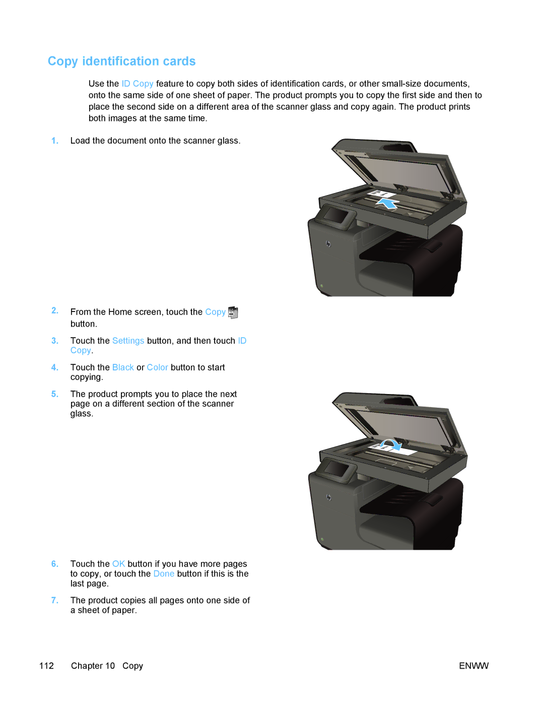 HP PRO X476 MFP manual Copy identification cards 