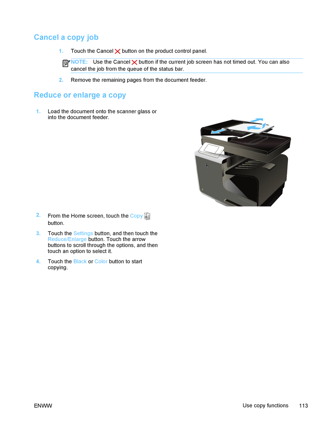 HP PRO X476 MFP manual Cancel a copy job, Reduce or enlarge a copy 