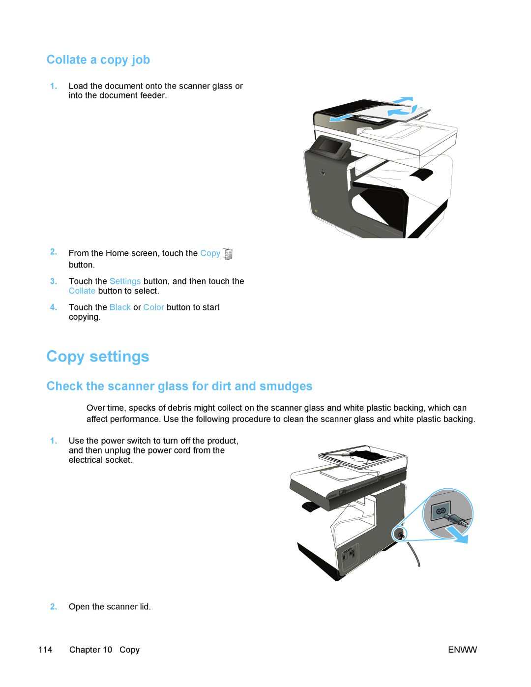 HP PRO X476 MFP manual Copy settings, Collate a copy job, Check the scanner glass for dirt and smudges 