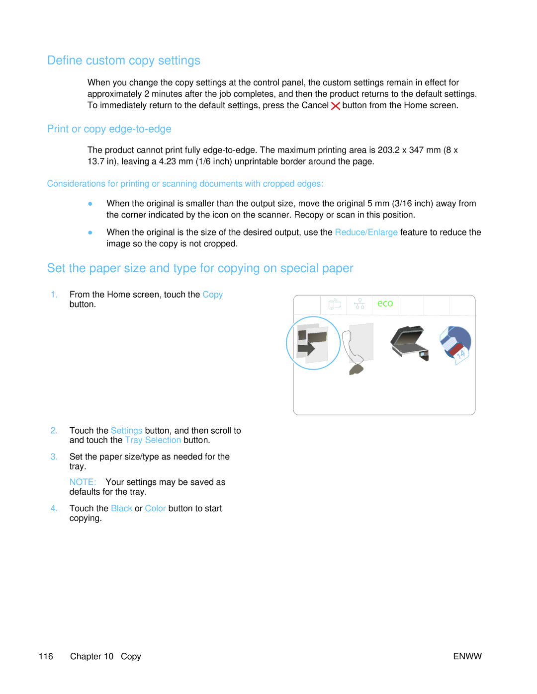 HP PRO X476 MFP manual Define custom copy settings, Set the paper size and type for copying on special paper 