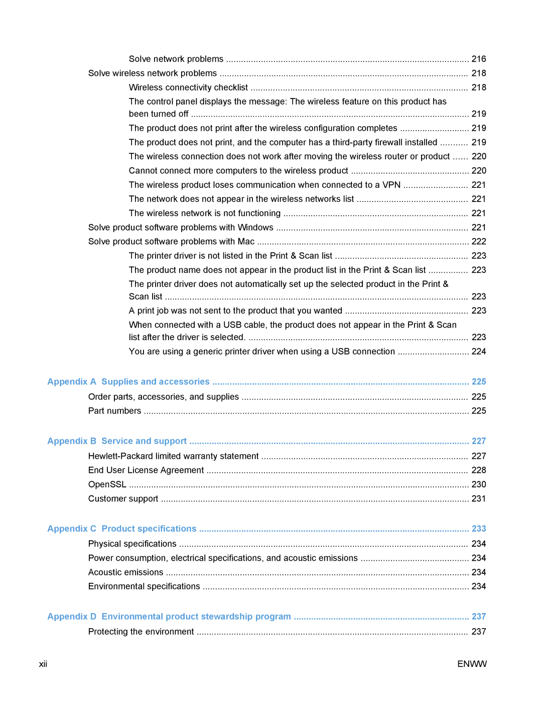 HP PRO X476 MFP manual 225, 227, 233, 237 