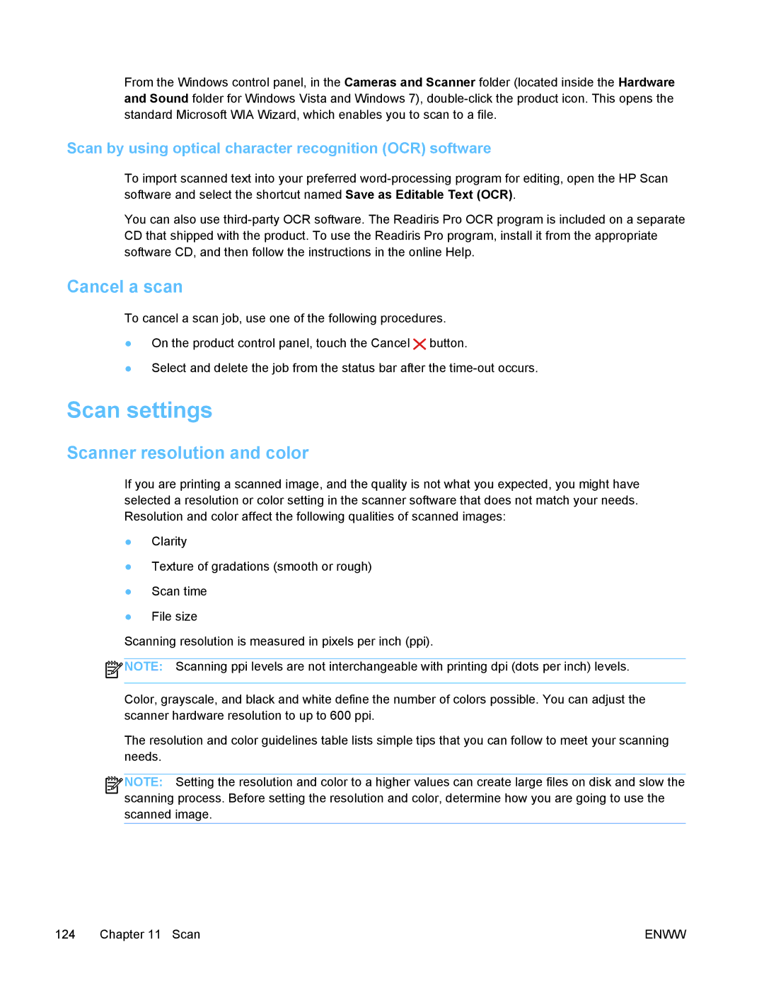 HP PRO X476 MFP manual Scan settings, Cancel a scan, Scanner resolution and color 