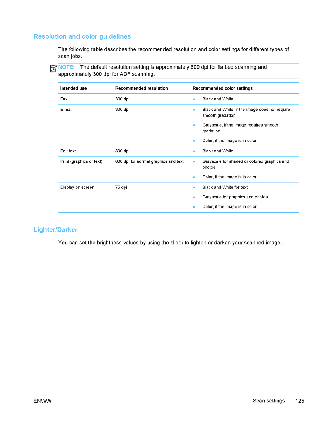 HP PRO X476 MFP manual Resolution and color guidelines, Lighter/Darker 