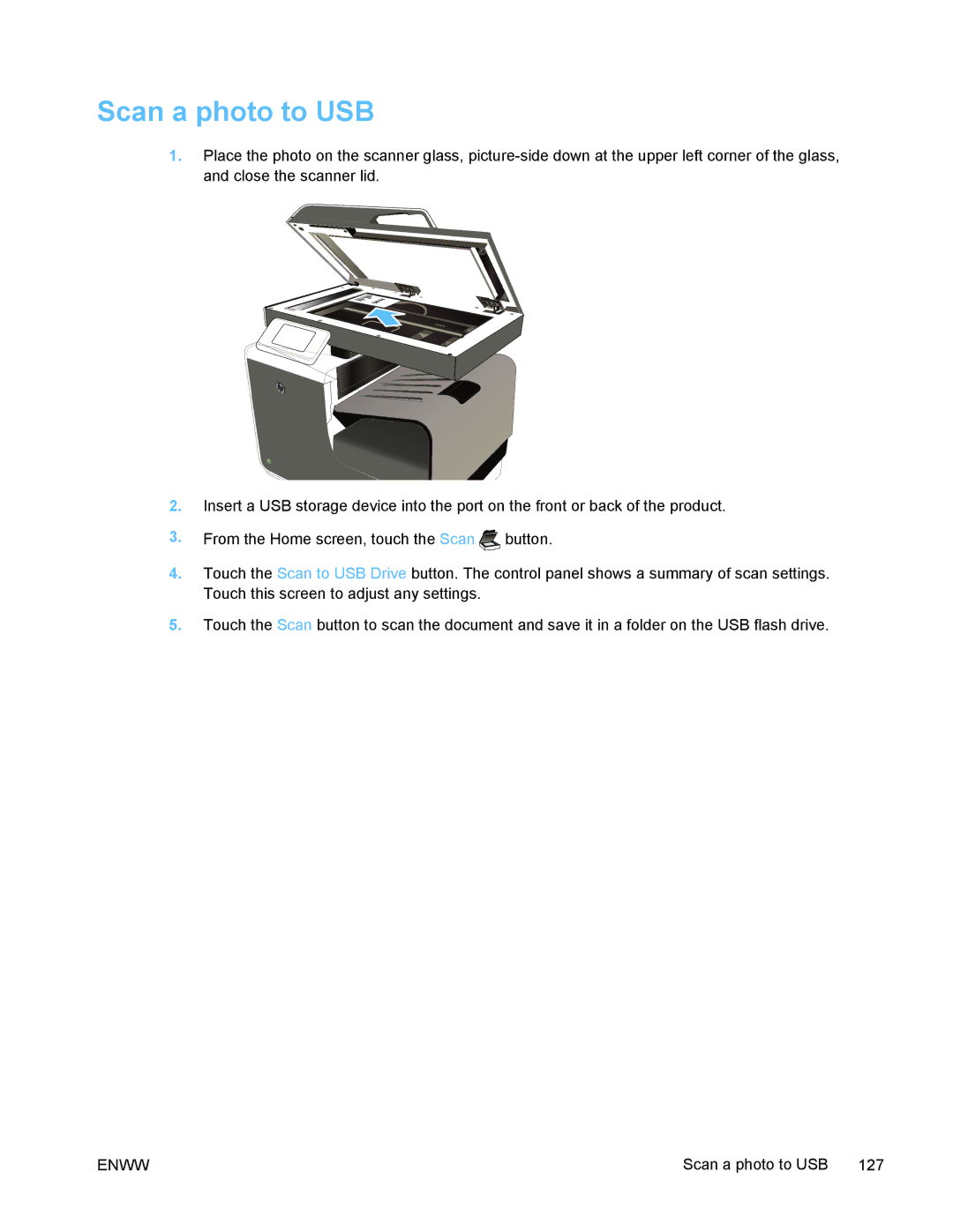 HP PRO X476 MFP manual Scan a photo to USB 