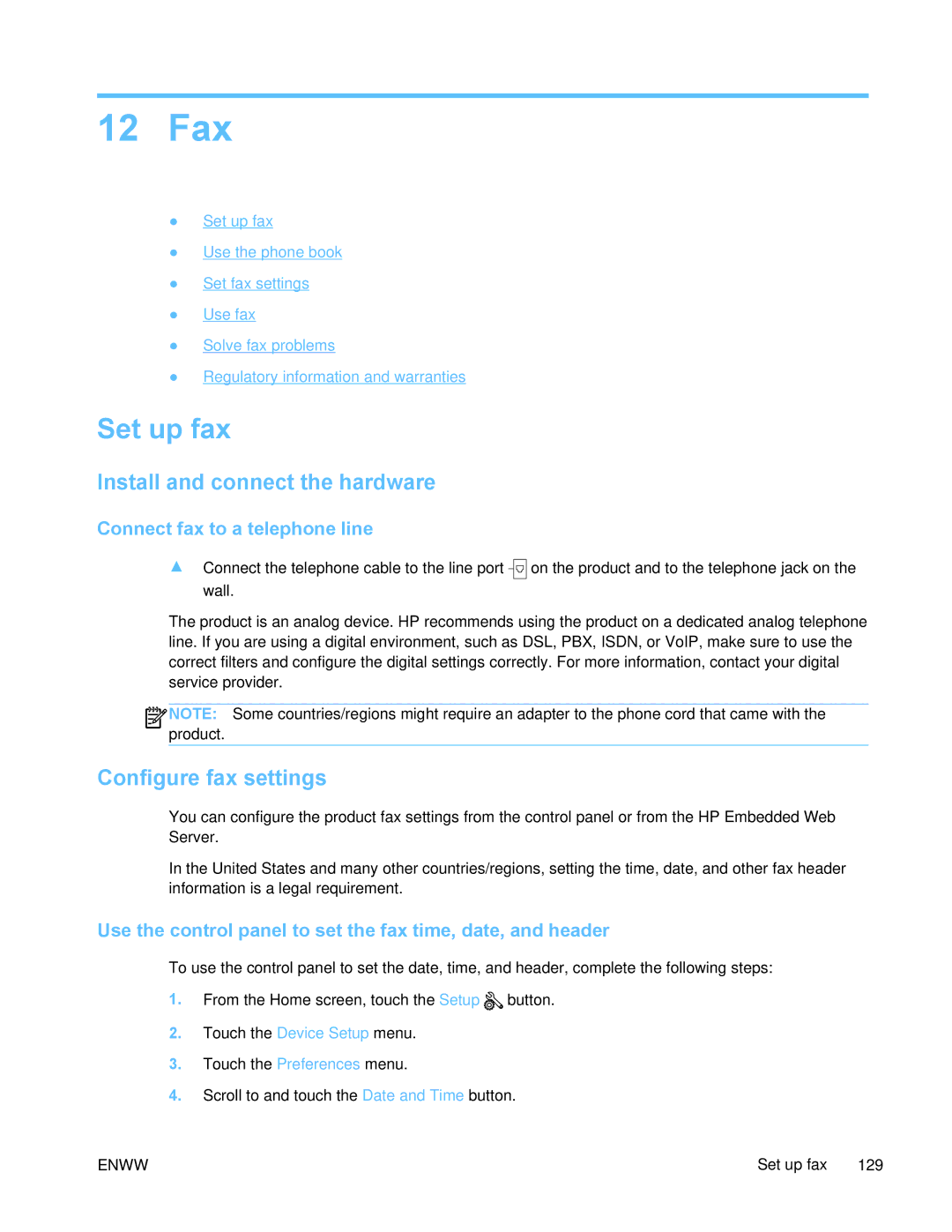 HP PRO X476 MFP manual 12 Fax, Set up fax, Install and connect the hardware, Configure fax settings 