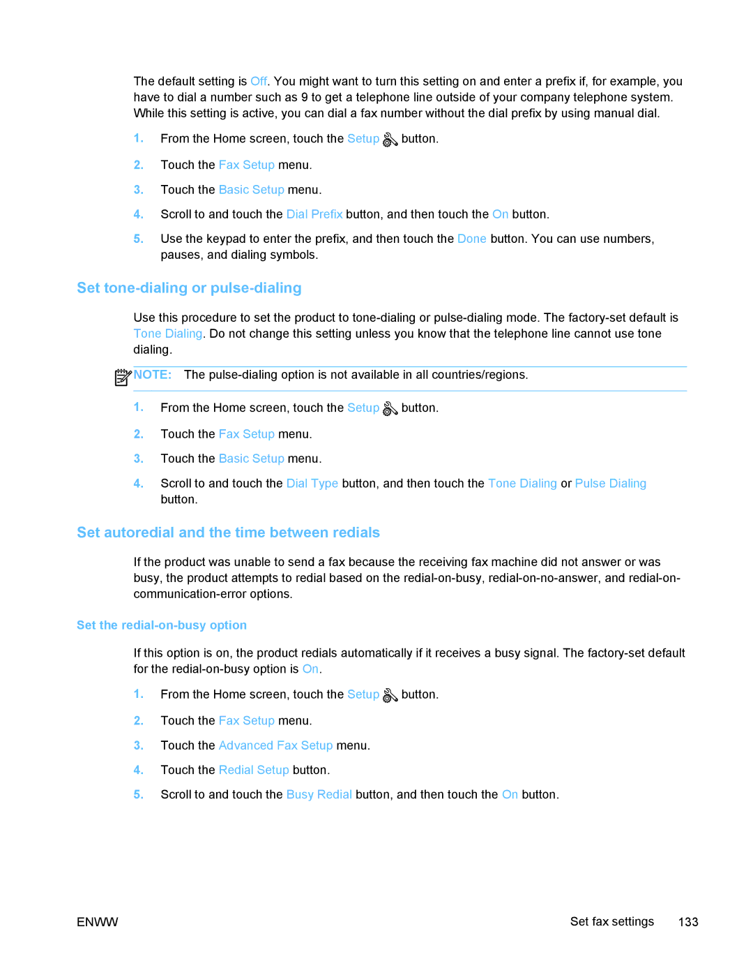 HP PRO X476 MFP manual Set tone-dialing or pulse-dialing, Set autoredial and the time between redials 