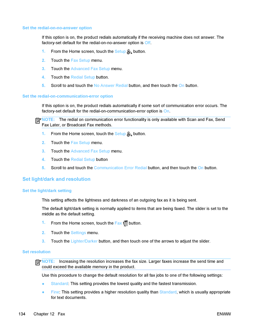 HP PRO X476 MFP manual Set light/dark and resolution, Set the redial-on-no-answer option, Set the light/dark setting 