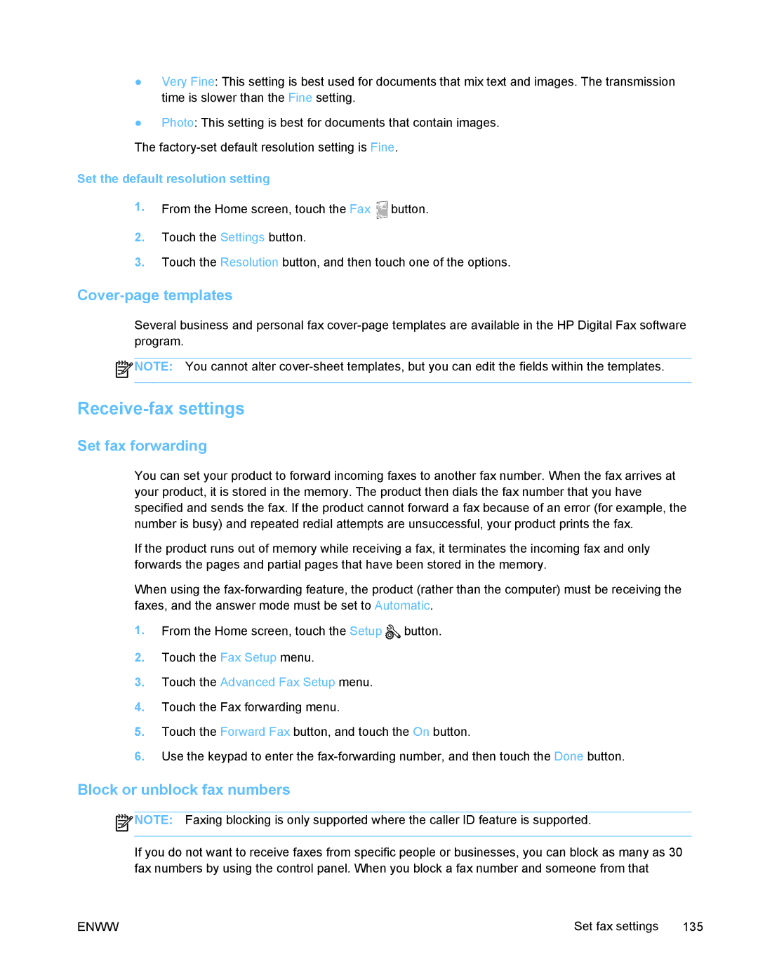 HP PRO X476 MFP manual Receive-fax settings, Cover-page templates, Set fax forwarding, Block or unblock fax numbers 