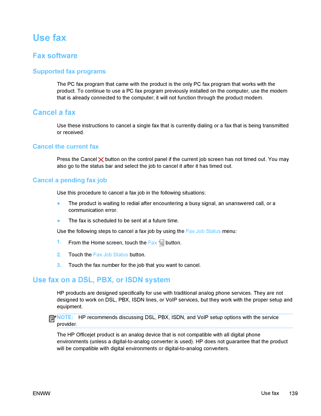 HP PRO X476 MFP manual Fax software, Cancel a fax, Use fax on a DSL, PBX, or Isdn system 