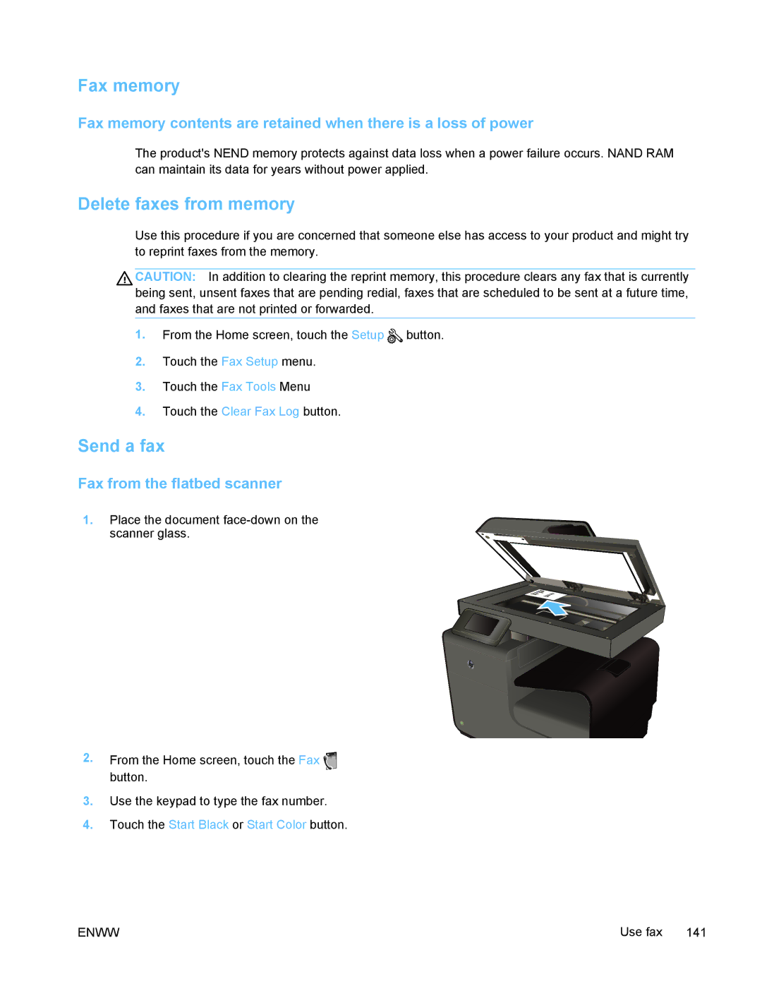 HP PRO X476 MFP manual Fax memory, Delete faxes from memory, Send a fax, Fax from the flatbed scanner 