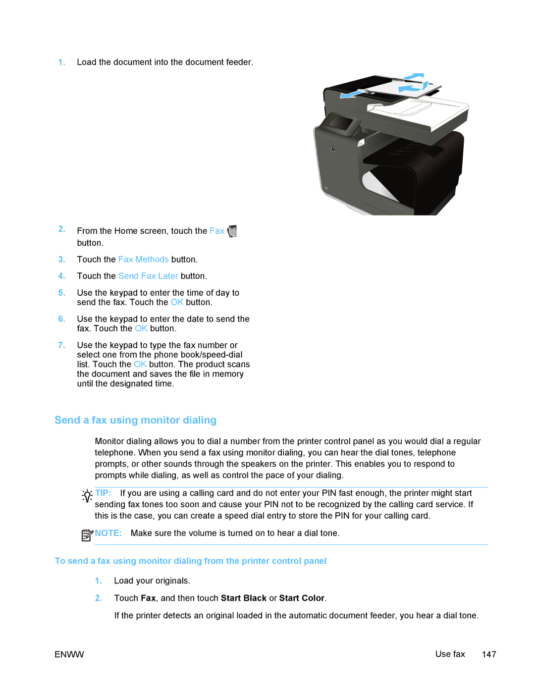 HP PRO X476 MFP manual Send a fax using monitor dialing 