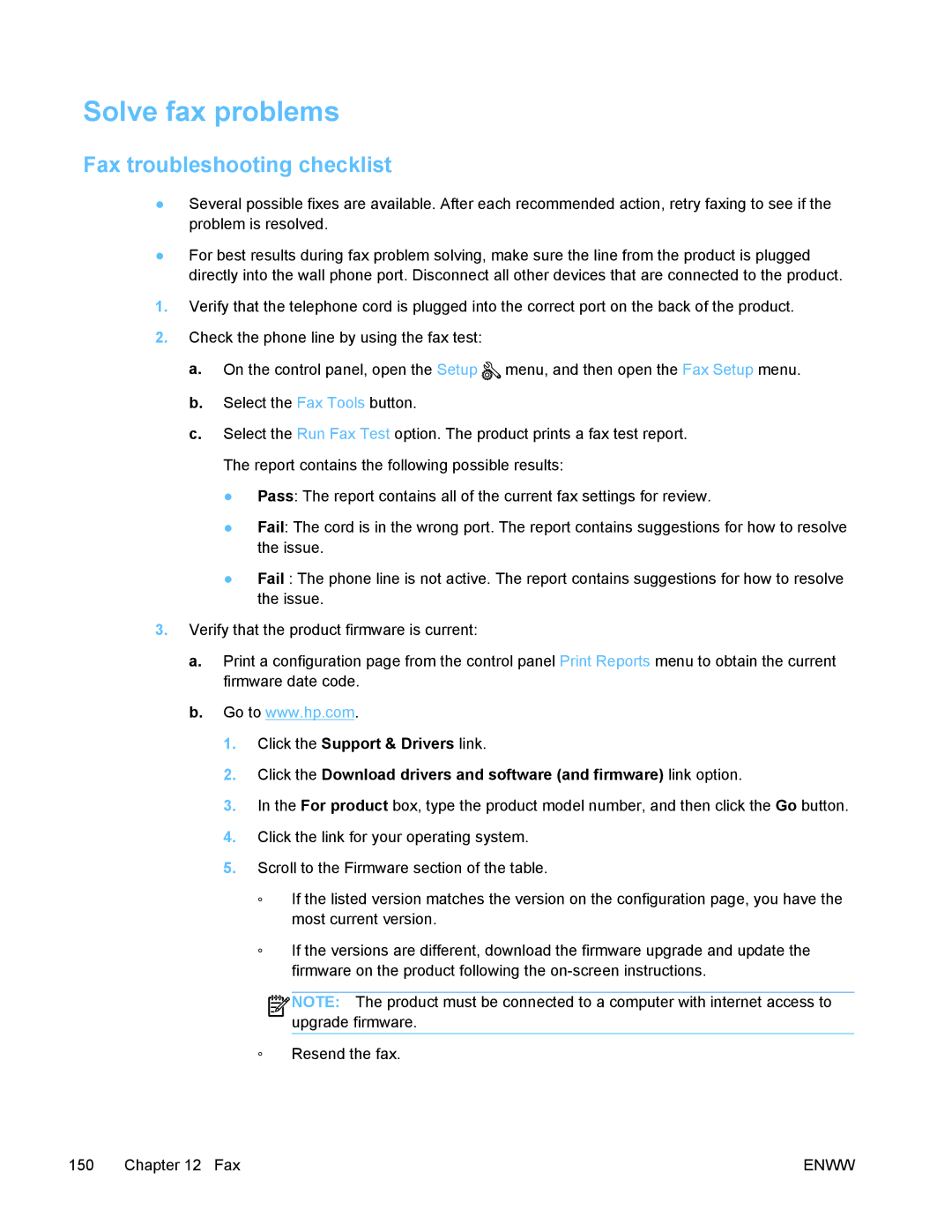 HP PRO X476 MFP manual Solve fax problems, Fax troubleshooting checklist 