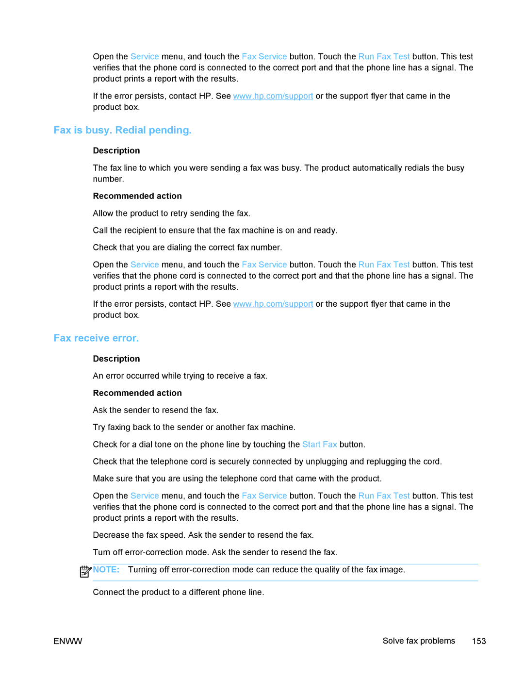 HP PRO X476 MFP manual Fax is busy. Redial pending, Fax receive error 