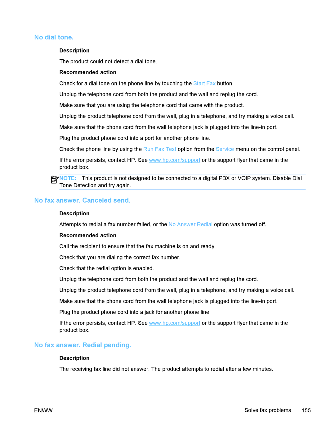 HP PRO X476 MFP manual No dial tone, No fax answer. Canceled send, No fax answer. Redial pending 