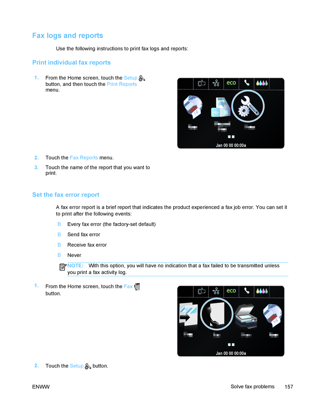 HP PRO X476 MFP manual Fax logs and reports, Print individual fax reports, Set the fax error report 