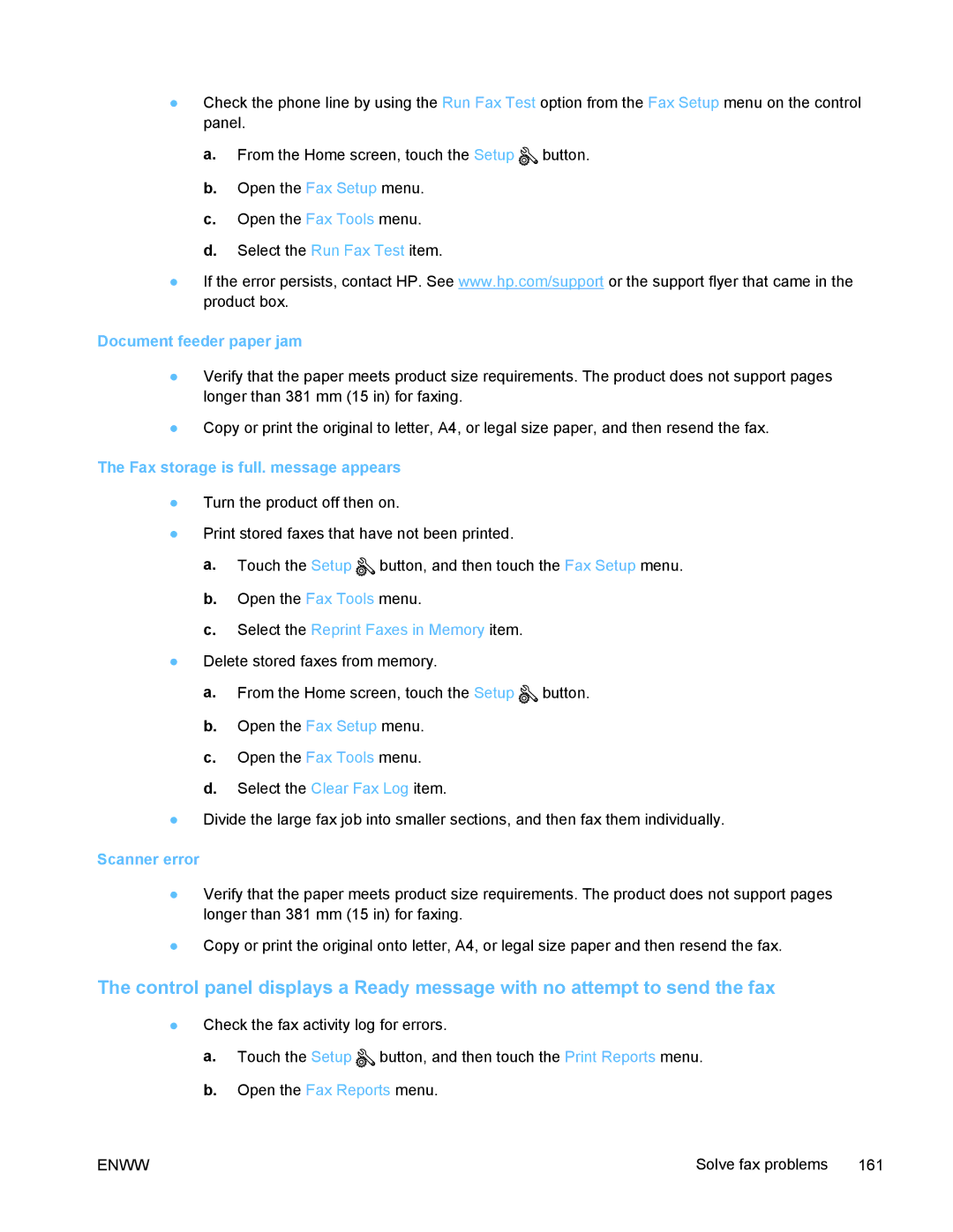 HP PRO X476 MFP manual Document feeder paper jam, Fax storage is full. message appears, Scanner error 
