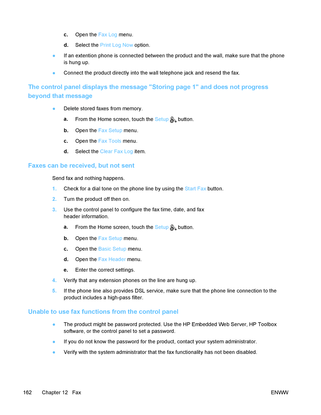 HP PRO X476 MFP manual Faxes can be received, but not sent, Unable to use fax functions from the control panel 