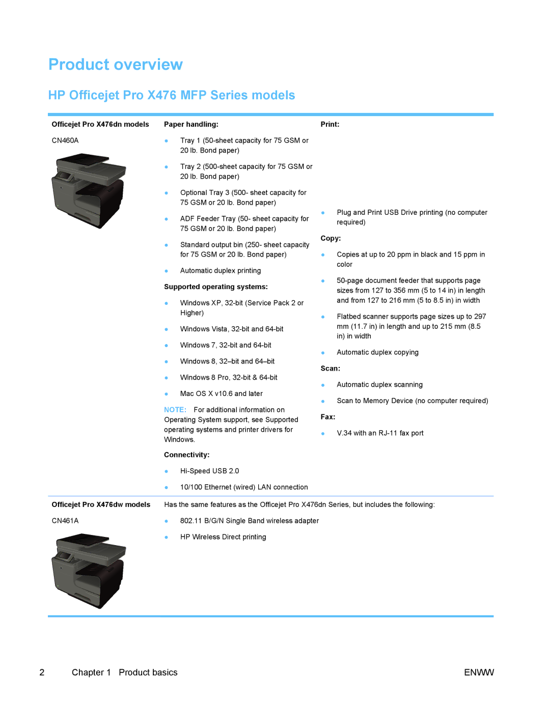 HP PRO X476 MFP manual Product overview, HP Officejet Pro X476 MFP Series models 