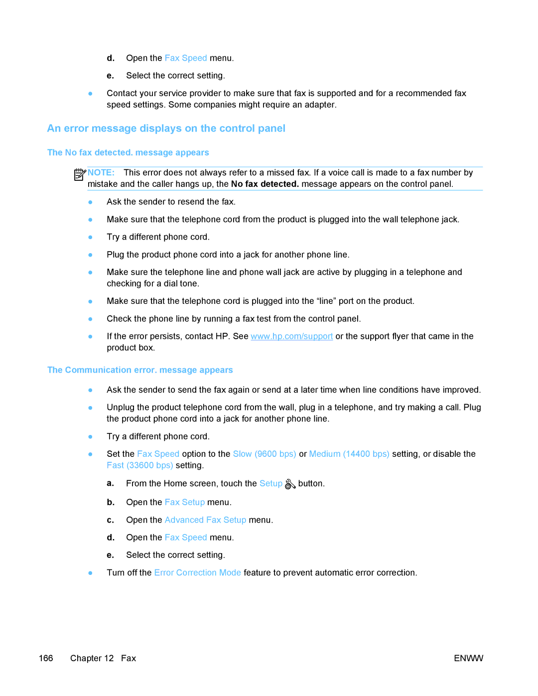 HP PRO X476 MFP manual An error message displays on the control panel, No fax detected. message appears 