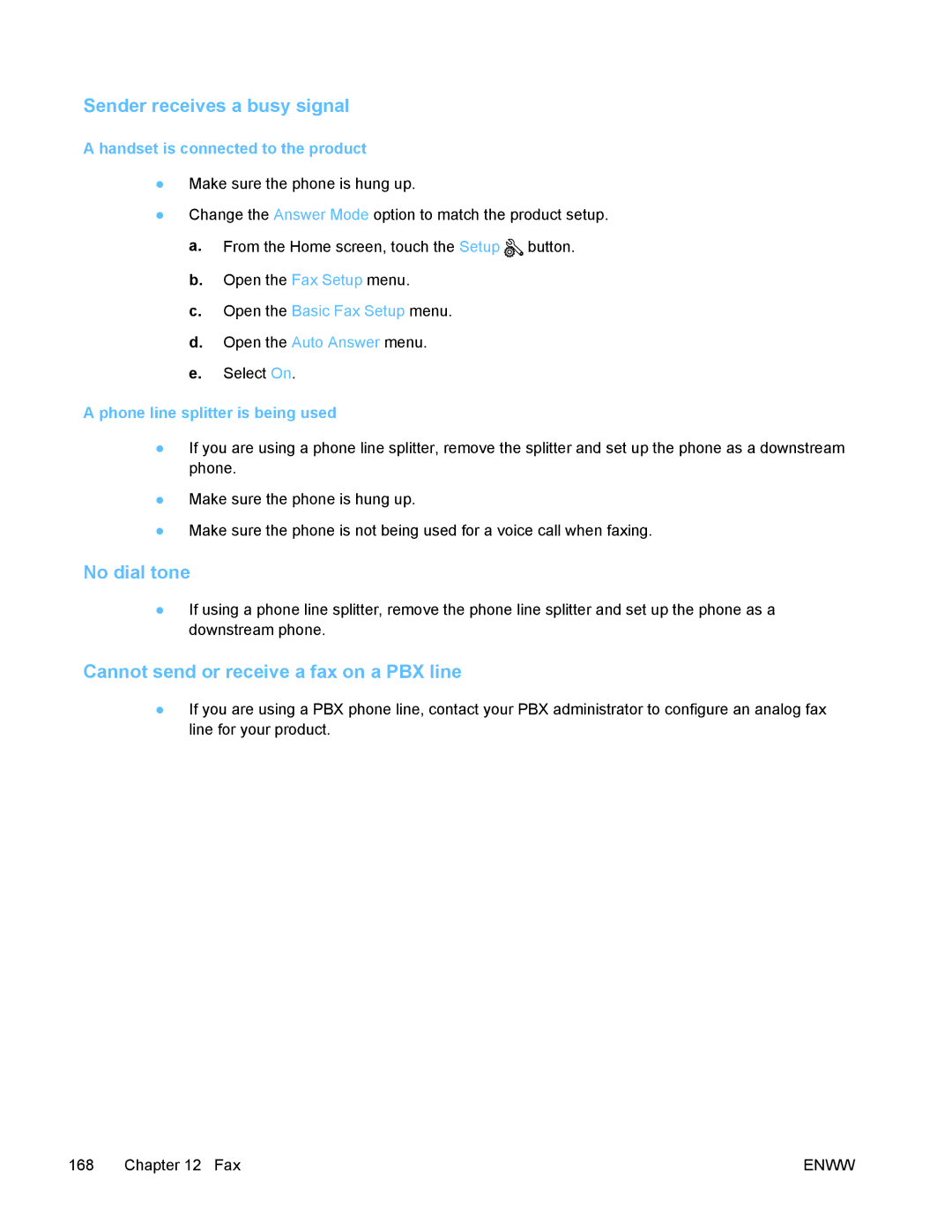 HP PRO X476 MFP manual Sender receives a busy signal, Cannot send or receive a fax on a PBX line 