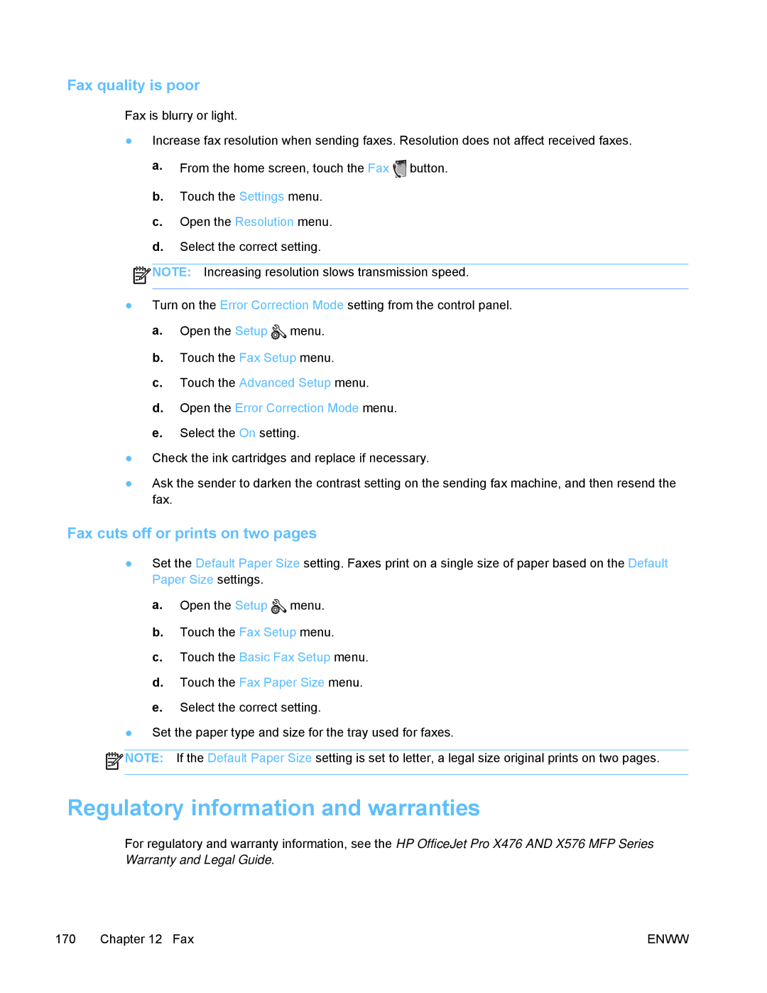 HP PRO X476 MFP manual Regulatory information and warranties, Fax quality is poor, Fax cuts off or prints on two pages 