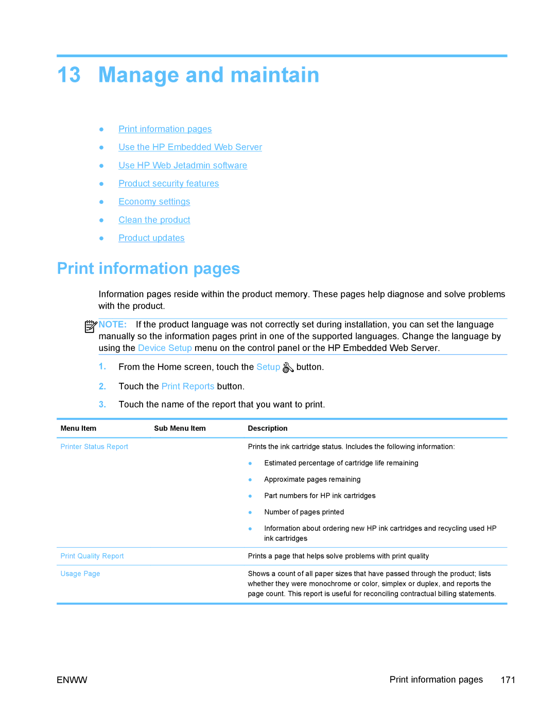 HP PRO X476 MFP manual Manage and maintain, Print information pages, Menu Item Sub Menu Item Description 