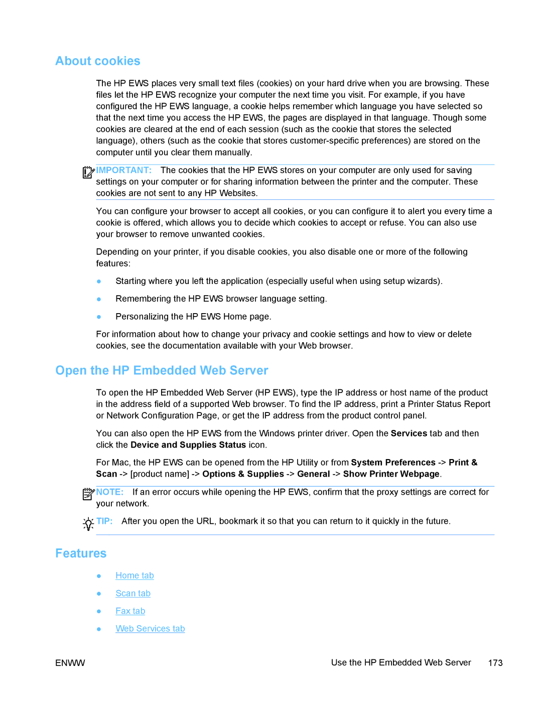 HP PRO X476 MFP manual About cookies, Open the HP Embedded Web Server, Features 