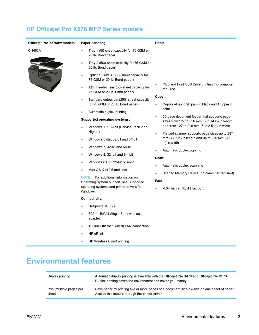 HP PRO X476 MFP manual Environmental features, HP Officejet Pro X576 MFP Series models 