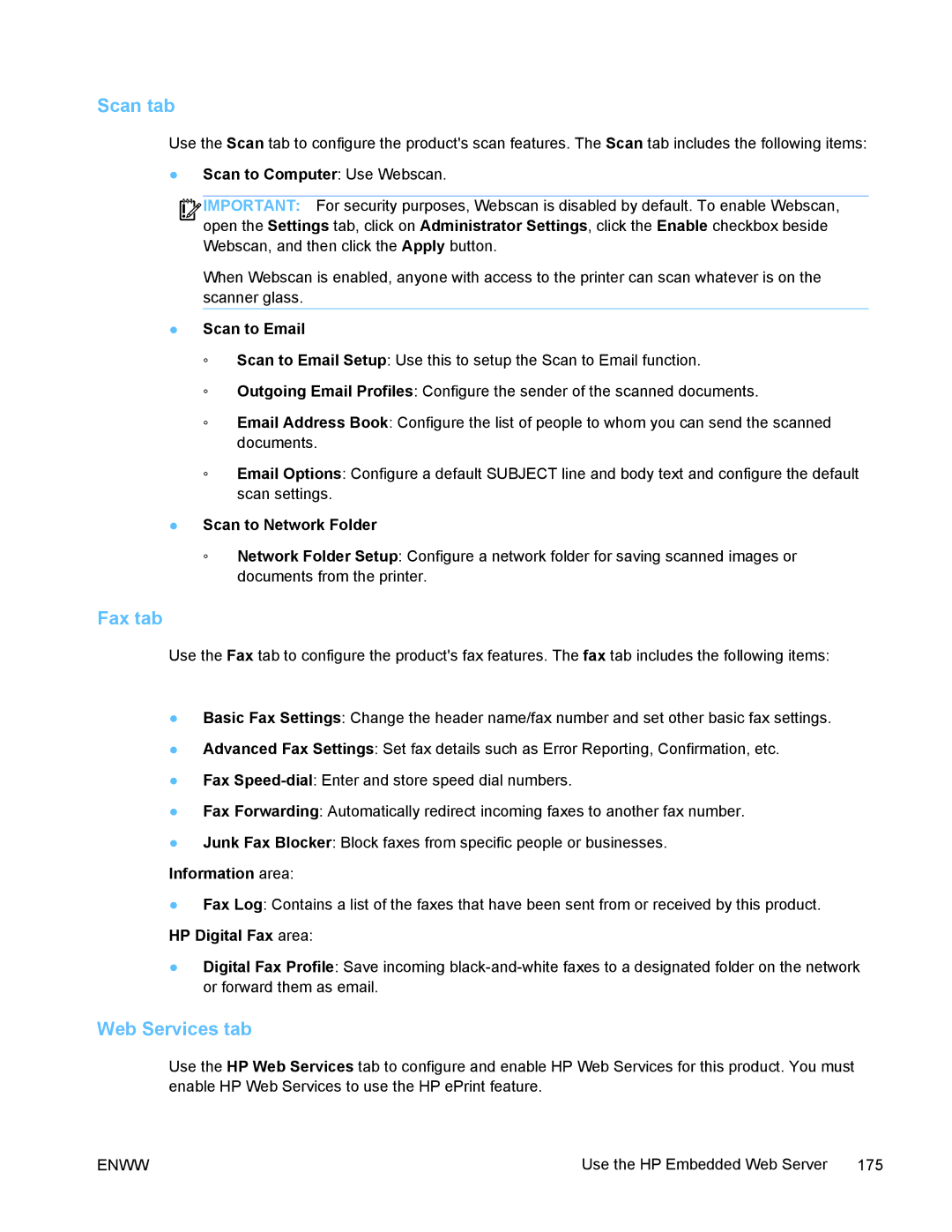 HP PRO X476 MFP manual Scan tab, Fax tab, Web Services tab 