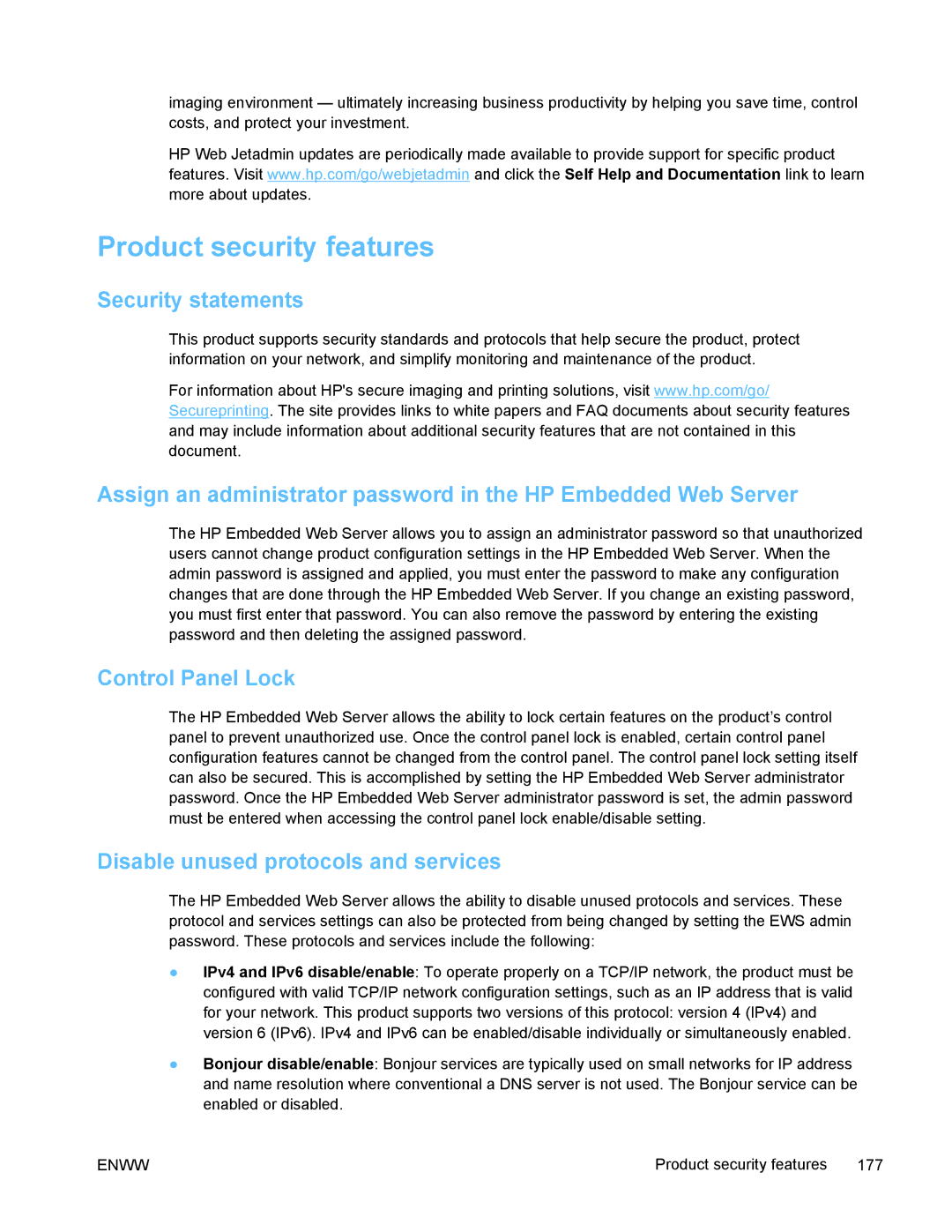 HP PRO X476 MFP Product security features, Security statements, Control Panel Lock, Disable unused protocols and services 