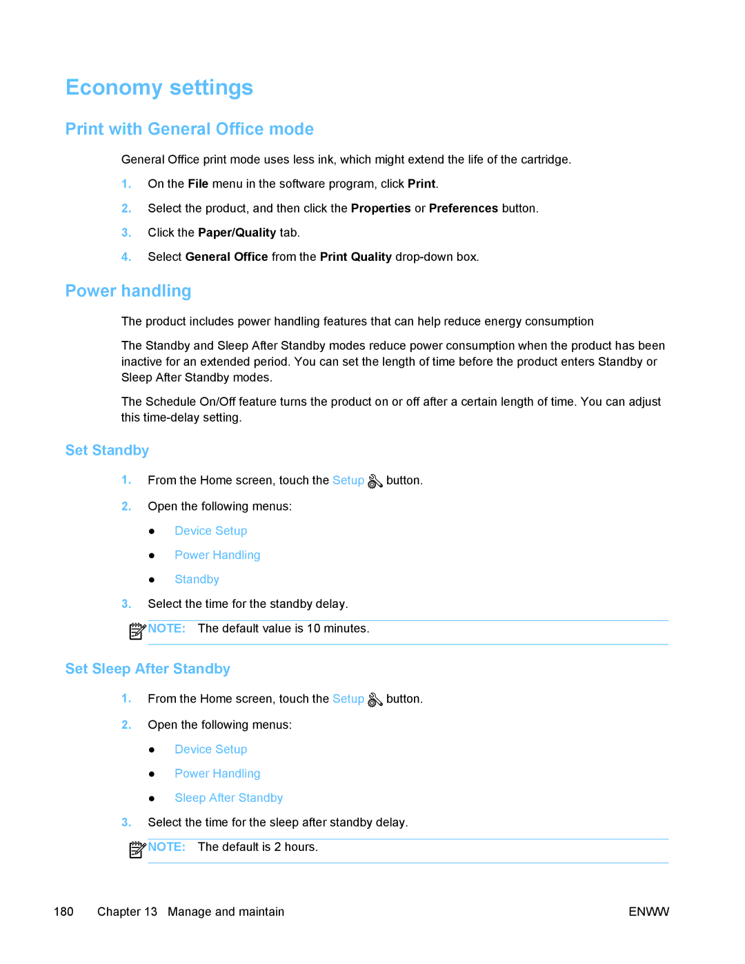 HP PRO X476 MFP Economy settings, Print with General Office mode, Power handling, Set Standby, Set Sleep After Standby 