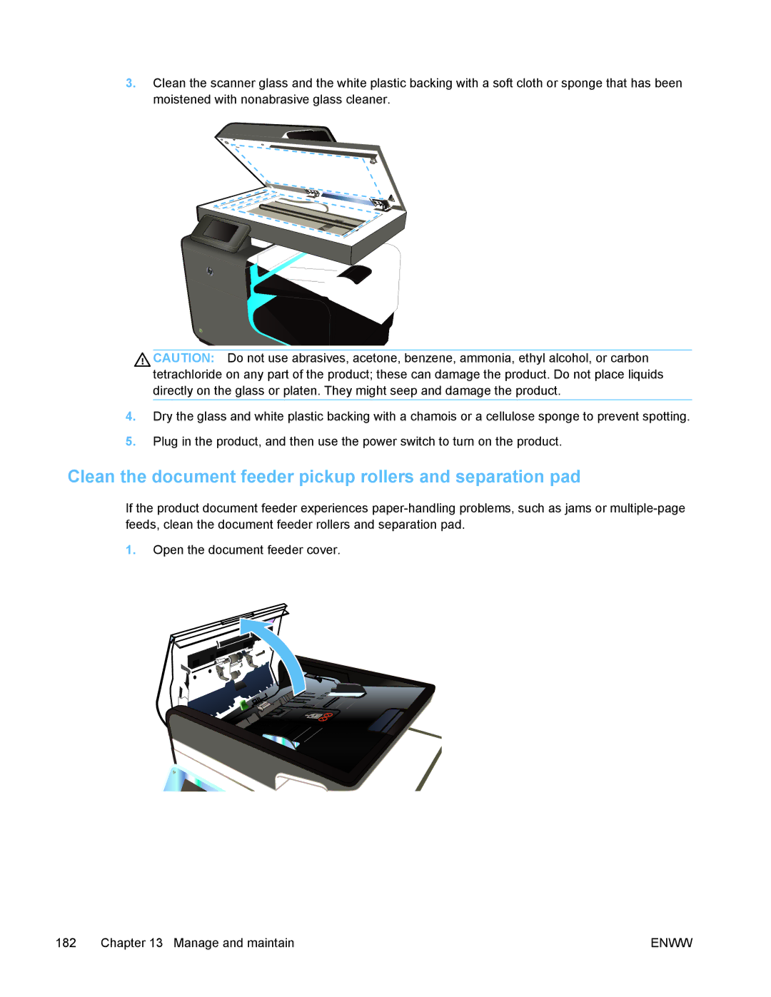 HP PRO X476 MFP manual Clean the document feeder pickup rollers and separation pad 