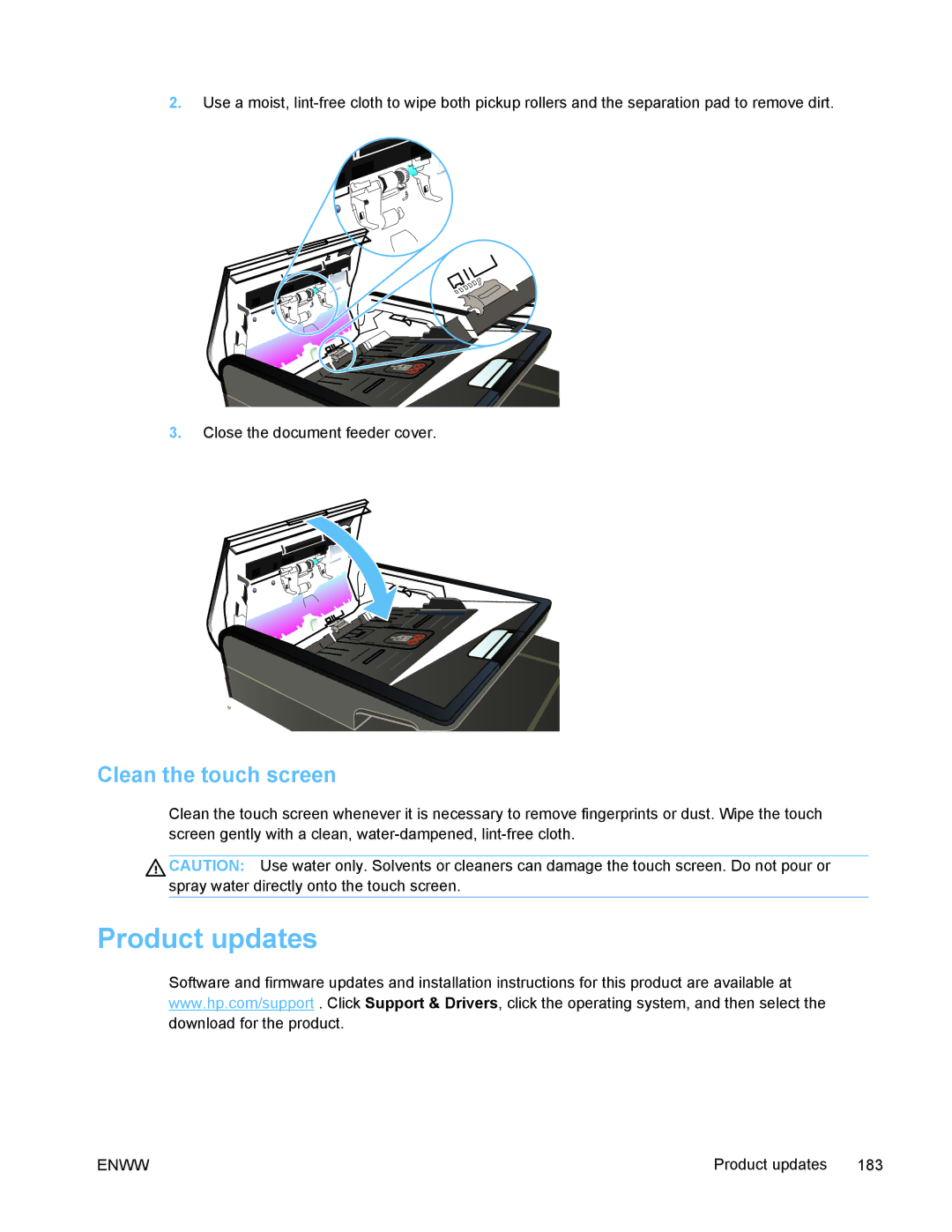 HP PRO X476 MFP manual Product updates, Clean the touch screen 