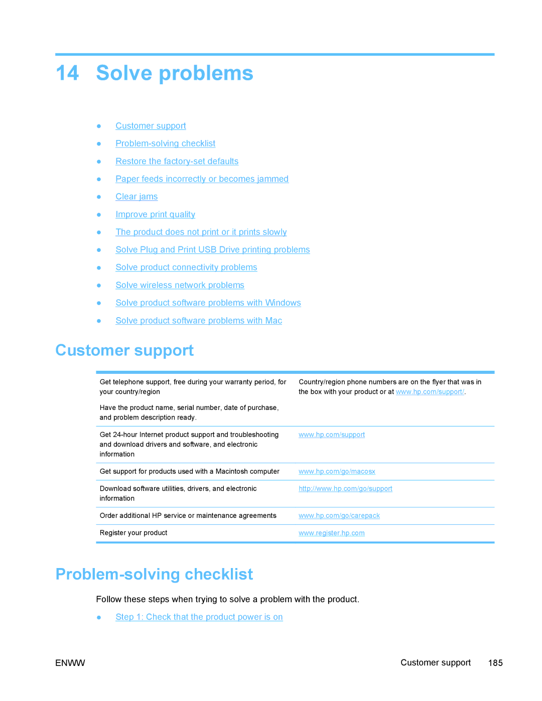 HP PRO X476 MFP manual Solve problems, Customer support, Problem-solving checklist 