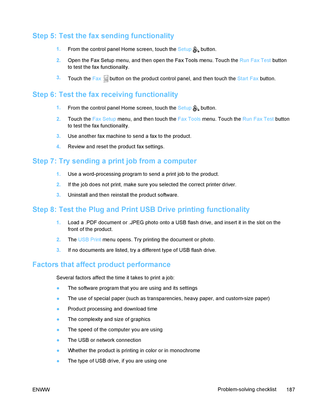 HP PRO X476 MFP manual Test the fax sending functionality, Test the fax receiving functionality 