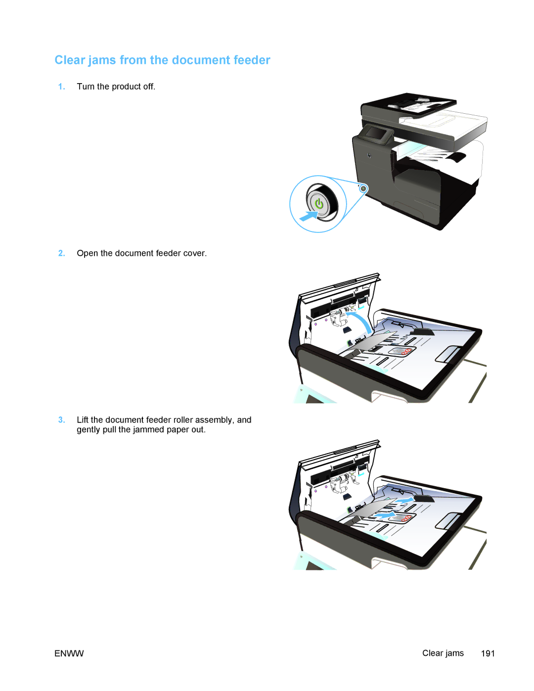 HP PRO X476 MFP manual Clear jams from the document feeder 