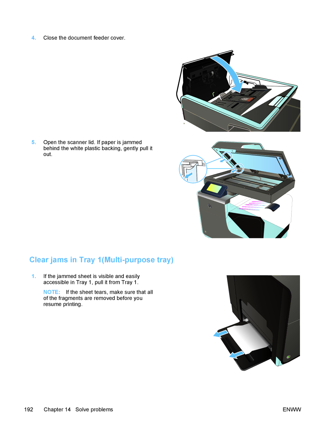 HP PRO X476 MFP manual Clear jams in Tray 1Multi-purpose tray 