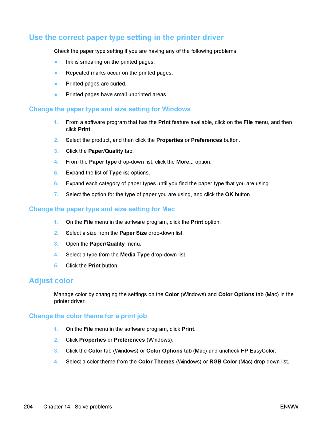 HP PRO X476 MFP manual Use the correct paper type setting in the printer driver, Adjust color 