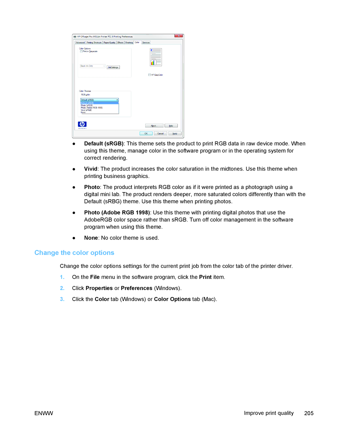 HP PRO X476 MFP manual Change the color options 