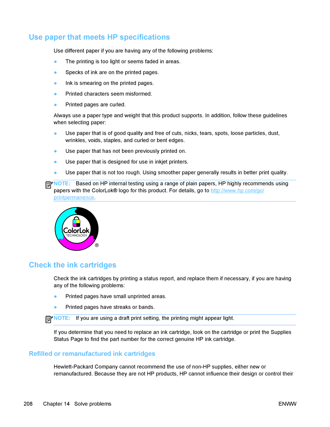 HP PRO X476 MFP manual Use paper that meets HP specifications, Check the ink cartridges 