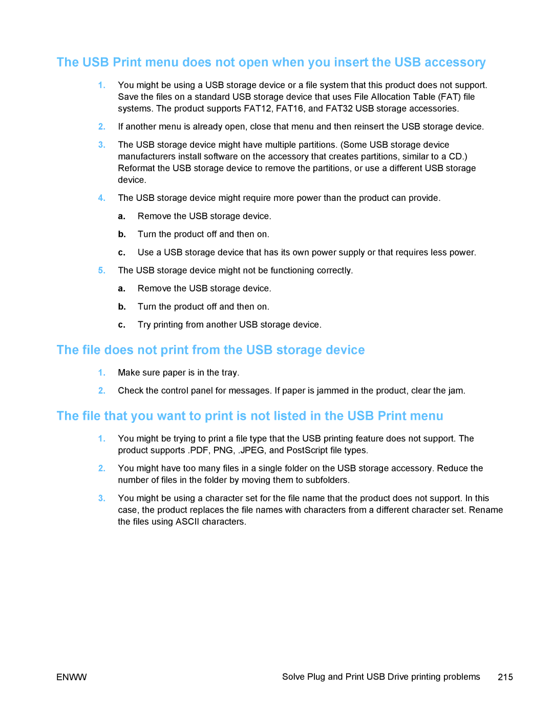 HP PRO X476 MFP manual File does not print from the USB storage device 